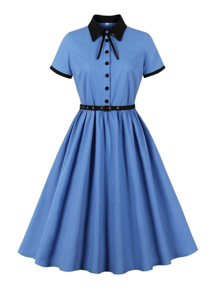 1950er Revers Farbeblock Swing Shirt Kleid