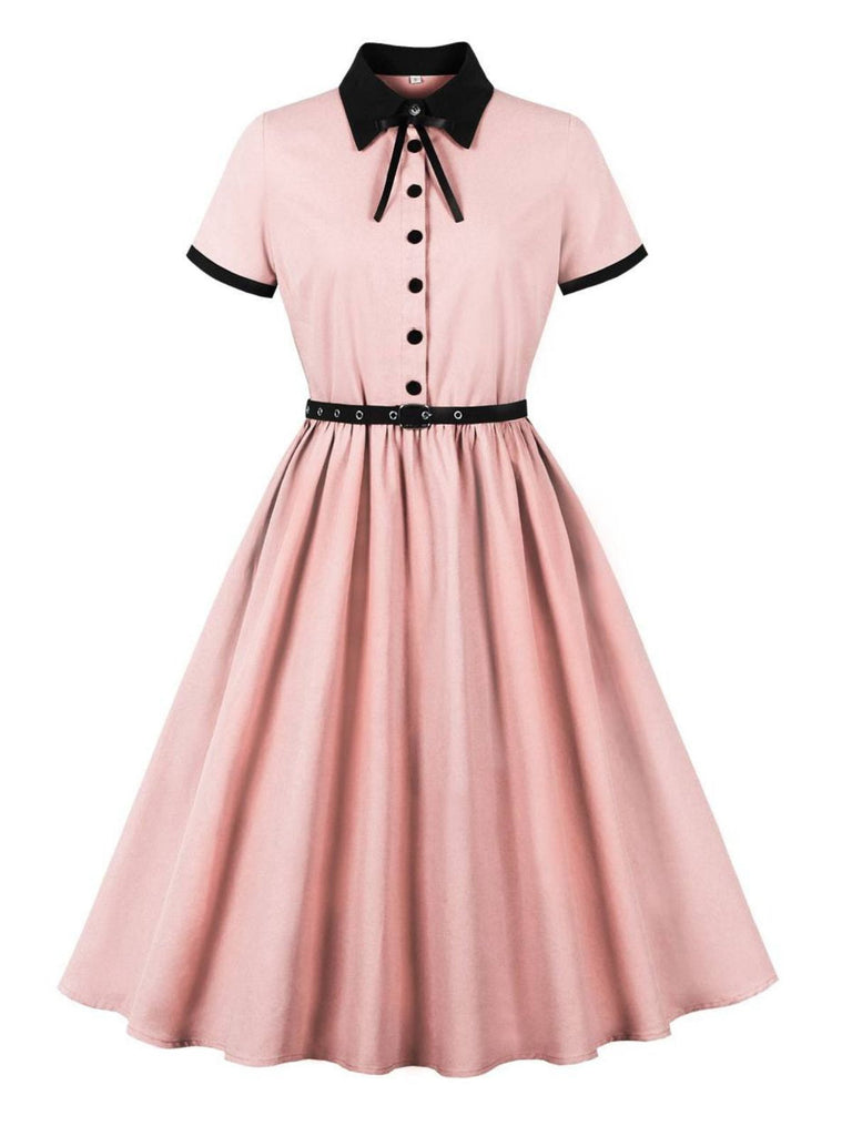 1950er Revers Farbeblock Swing Shirt Kleid