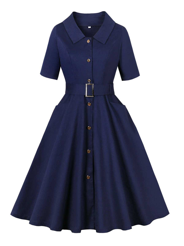 Dunkelblau 1950er Peter Pan Collar Gürtel Kleid