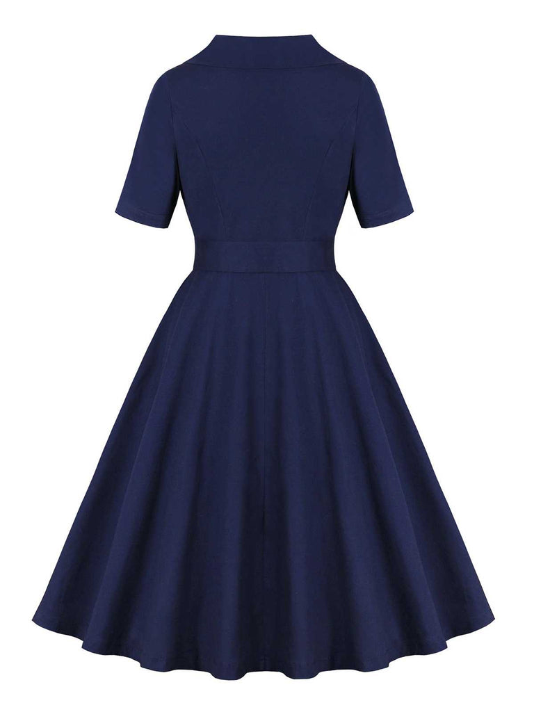 Dunkelblau 1950er Peter Pan Collar Gürtel Kleid