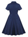 Blau 1950er Revers Taillen-Binde Baumwolle Kleid