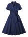 Blau 1950er Revers Taillen-Binde Baumwolle Kleid