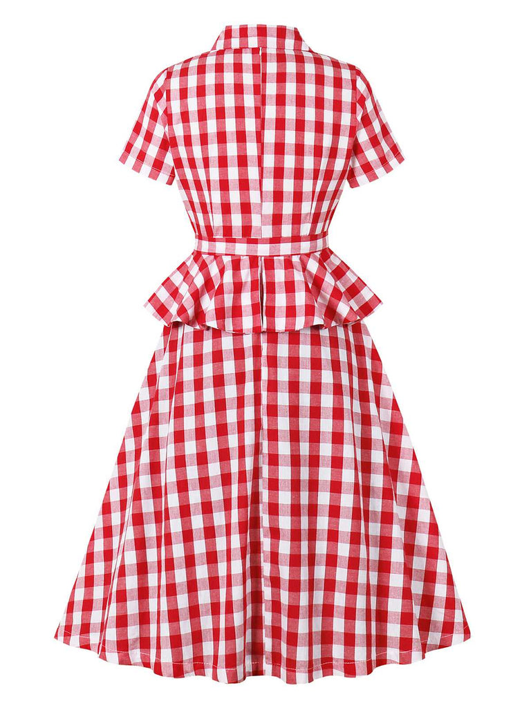 Rot 1950er Baumwolle Gingham Plaids Gürtel Kleid