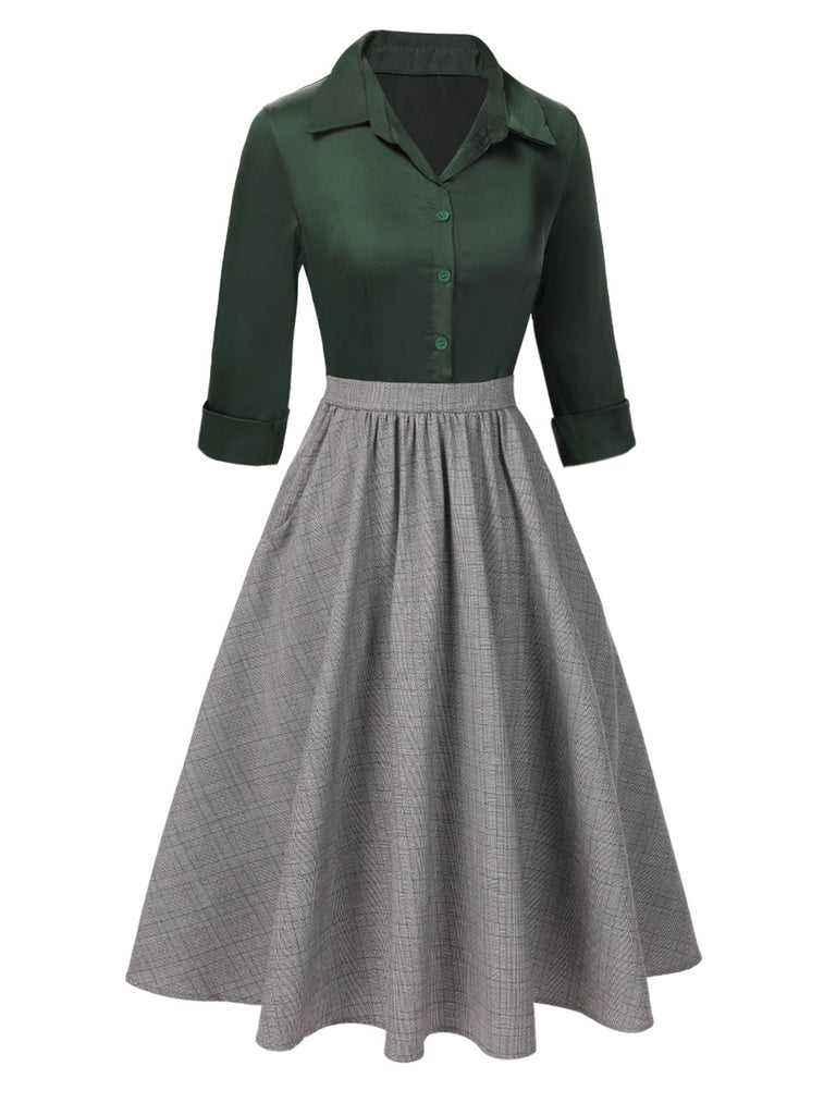 [Vorverkauf] Grün 1950er Revers Farbblock Swing Kleid