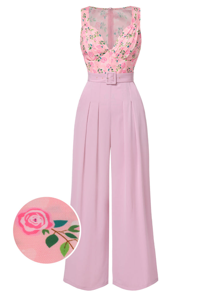 [Vorverkauf] Rosa 1960er Herzförmiger Hals Roses Gürtel Jumpsuit