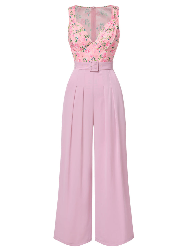 [Vorverkauf] Rosa 1960er Herzförmiger Hals Roses Gürtel Jumpsuit