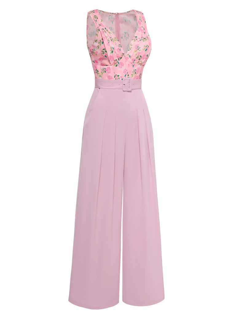 [Vorverkauf] Rosa 1960er Herzförmiger Hals Roses Gürtel Jumpsuit