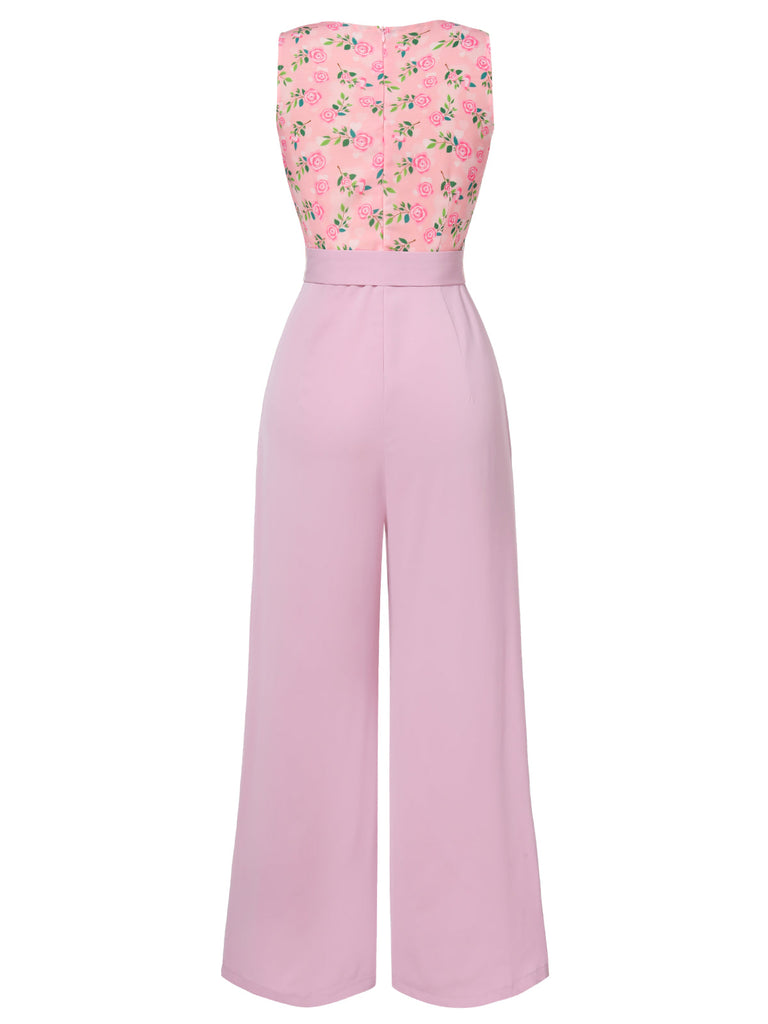 [Vorverkauf] Rosa 1960er Herzförmiger Hals Roses Gürtel Jumpsuit