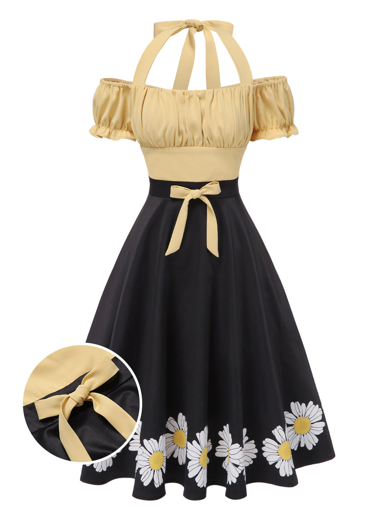 [Vorverkauf] 1950er Halter Puffärmel Gänseblümchen Bogen Swing Kleid