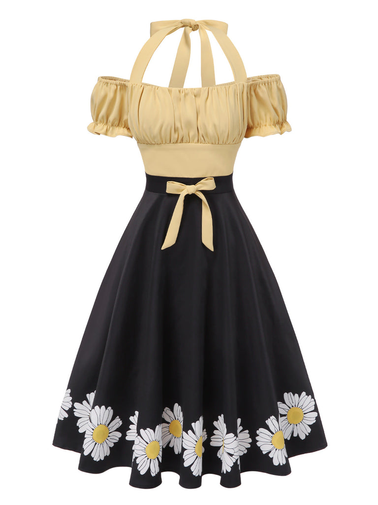 [Vorverkauf] 1950er Halter Puffärmel Gänseblümchen Bogen Swing Kleid