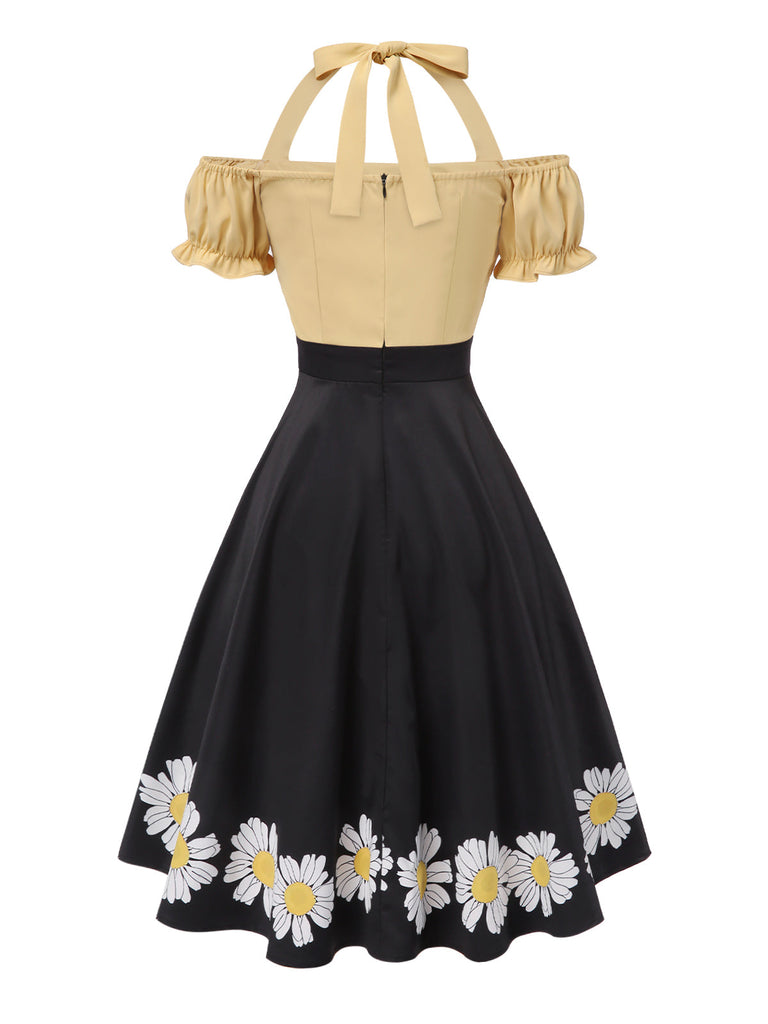 [Vorverkauf] 1950er Halter Puffärmel Gänseblümchen Bogen Swing Kleid