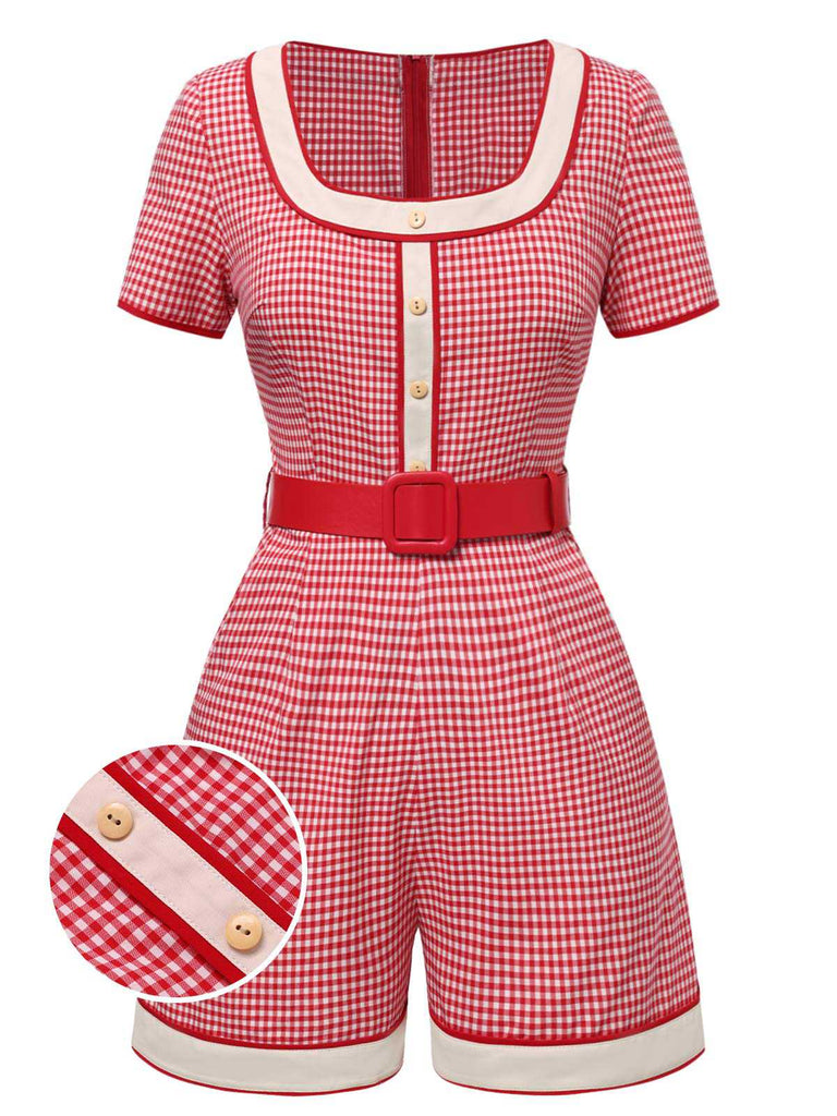 [Vorverkauf] Rot 1950er Quadratischer Hals Kontrast Plaid Romper