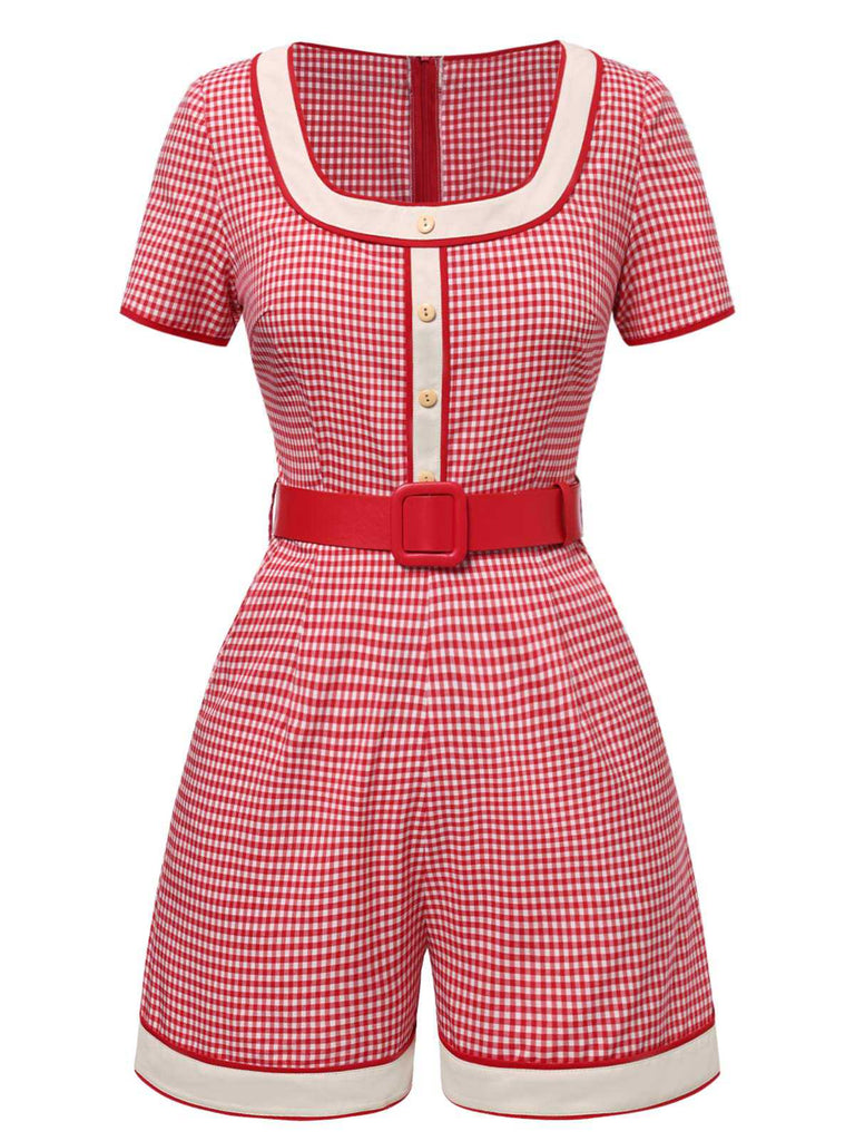 [Vorverkauf] Rot 1950er Quadratischer Hals Kontrast Plaid Romper