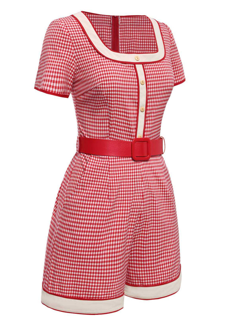 [Vorverkauf] Rot 1950er Quadratischer Hals Kontrast Plaid Romper