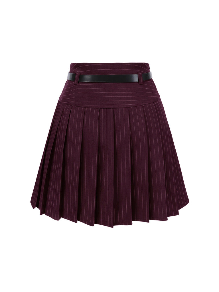 Dunkelgrau 1960er Nadelstreifen Gürtel Plissiertes Rock