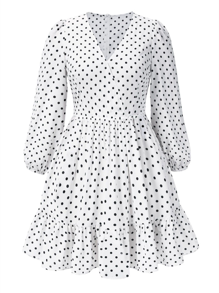 [Vorverkauf] [Übergröße] Weiß 1950er Polka Dot V-Ausschnitt Kleid