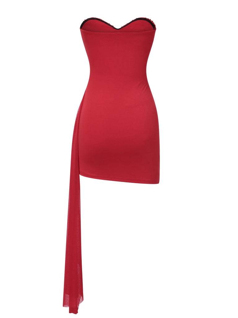 Rot 1970er Herz Pailletten Bandeau Kleid