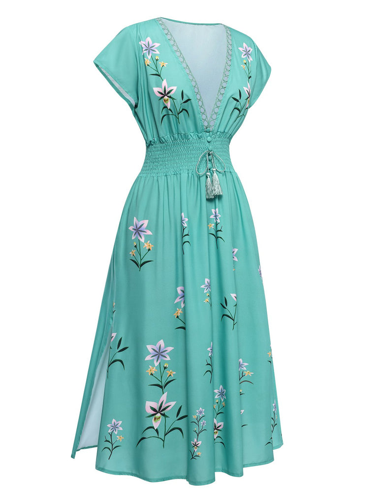 1930er Gesmoktes Schlitz V-Ausschnitt Boho Blumen Kleid