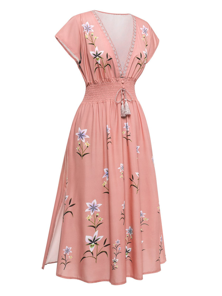 1930er Gesmoktes Schlitz V-Ausschnitt Boho Blumen Kleid