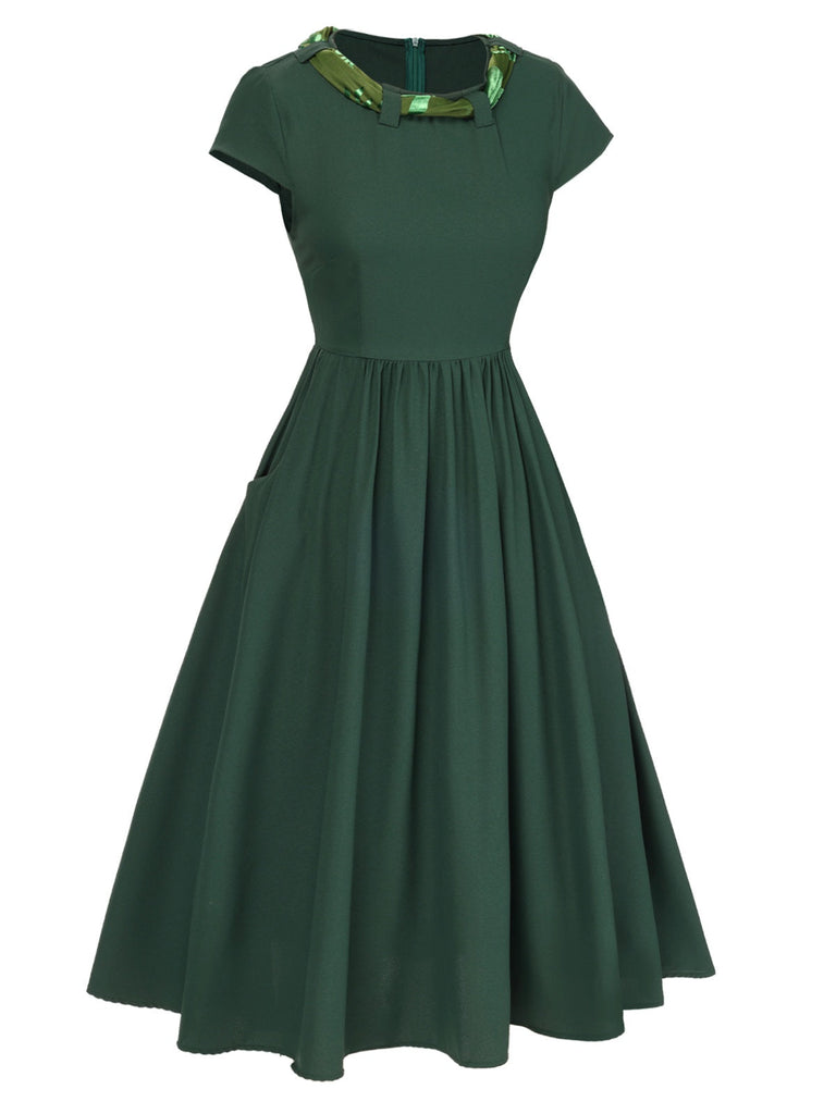 [Vorverkauf] Grün 1950er Solide Binden-Zurück Plissiertes Kleid