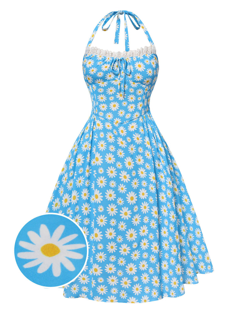 [Vorverkauf] Blau 1950er Halter Spitze Gänseblümchen Kleid