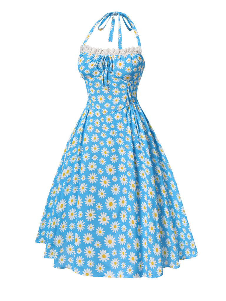 [Vorverkauf] Blau 1950er Halter Spitze Gänseblümchen Kleid