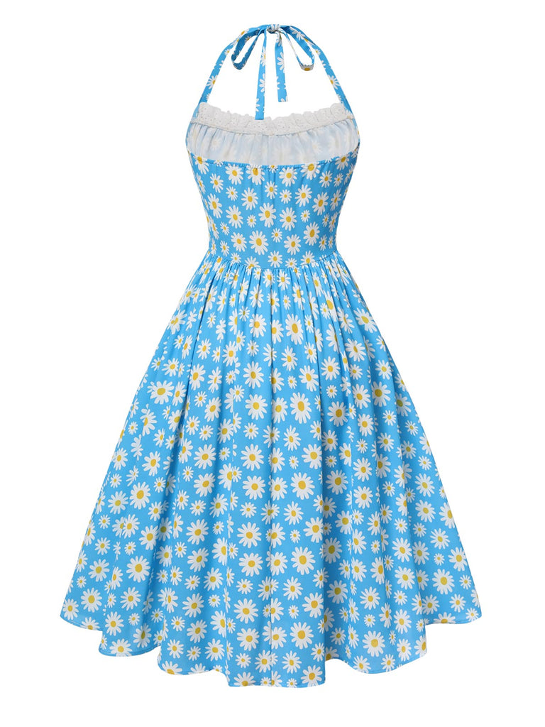 [Vorverkauf] Blau 1950er Halter Spitze Gänseblümchen Kleid