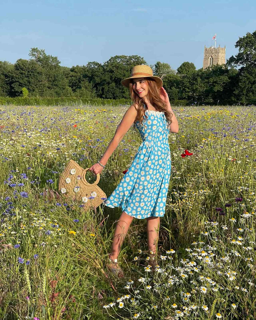 Blau 1950er Halter Spitze Gänseblümchen Kleid