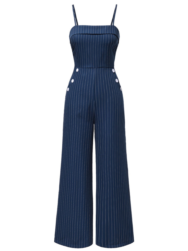 [Vorverkauf] Blau 1930er Streifen Spaghetti Träger Jumpsuit