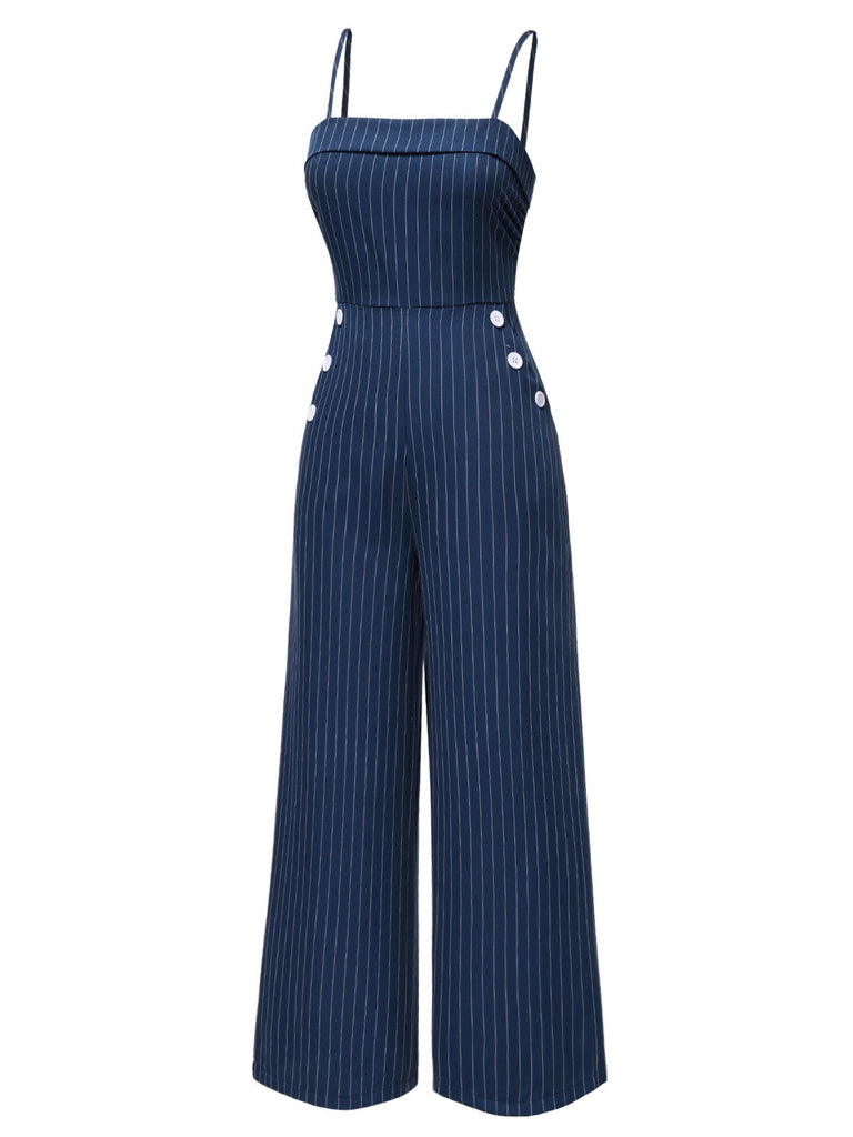 [Vorverkauf] Blau 1930er Streifen Spaghetti Träger Jumpsuit