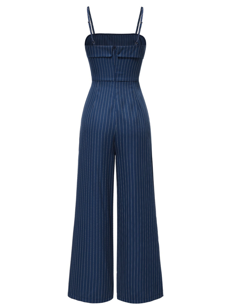 [Vorverkauf] Blau 1930er Streifen Spaghetti Träger Jumpsuit