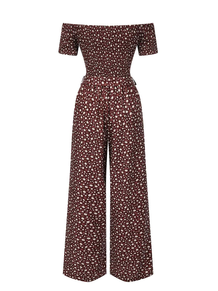 Rot 1940er Schulterfrei Blumen Gesmokt Jumpsuit