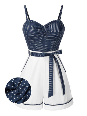 Blau 1940er Polka Dot Patchwork Träger Romper