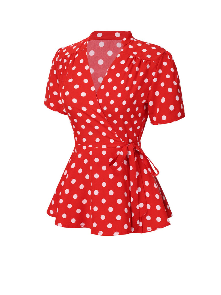 [Vorverkauf] Rot 1940er Polka Dot V-Ausschnitt Wickel Bluse