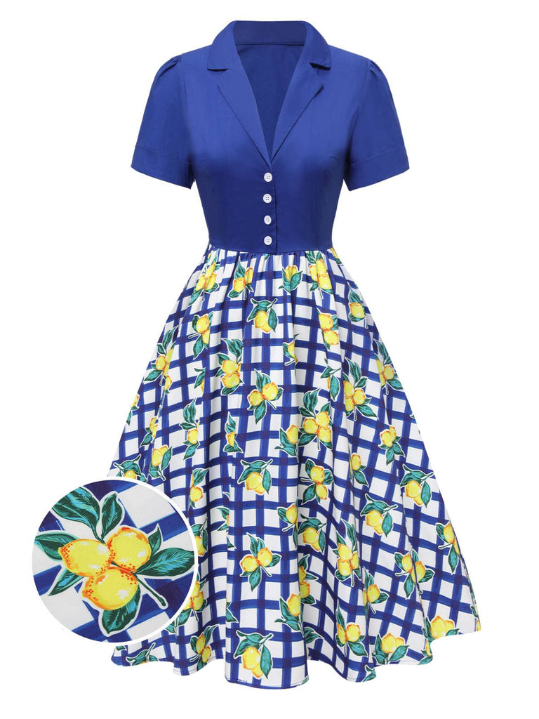 [Vorverkauf] Blau 1940er Check Lemon Revers Baumwolle Kleid