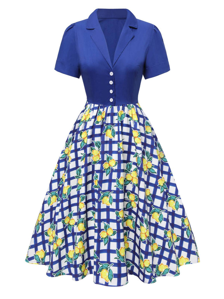 [Vorverkauf] Blau 1940er Check Lemon Revers Baumwolle Kleid