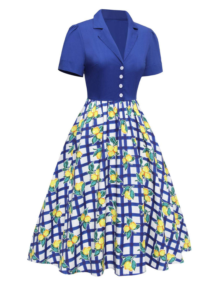 [Vorverkauf] Blau 1940er Check Lemon Revers Baumwolle Kleid