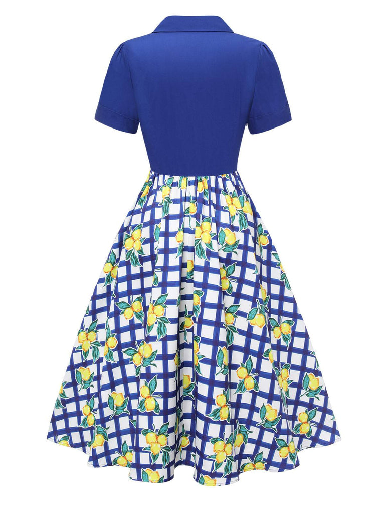 [Vorverkauf] Blau 1940er Check Lemon Revers Baumwolle Kleid