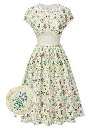 Beige 1940er Blumen Schnüren Stehkragen Flügelärmel Kleid