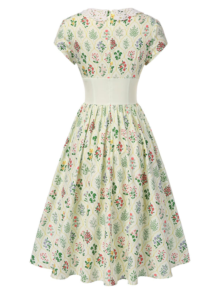 [Vorverkauf] Beige 1940er Blumen Schnüren Stehkragen Flügelärmel Kleid