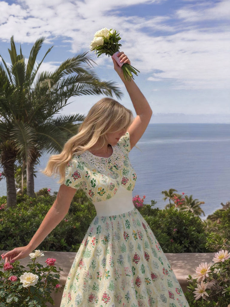 [Vorverkauf] Beige 1940er Blumen Schnüren Stehkragen Flügelärmel Kleid