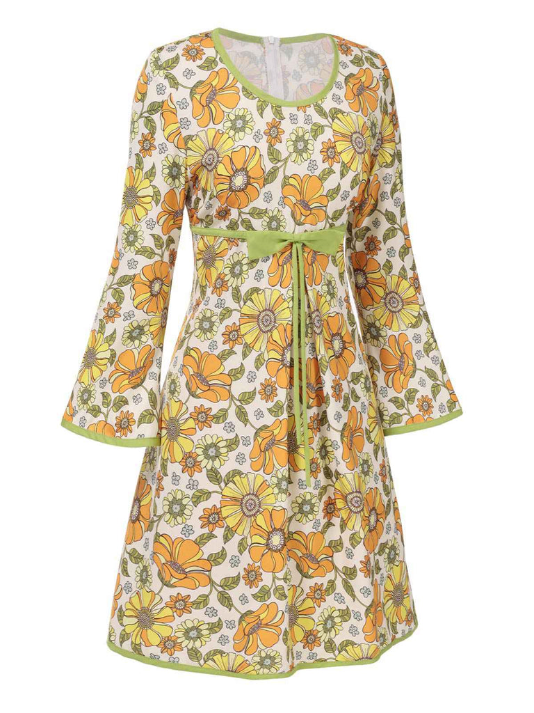 [Vorverkauf] Gelb 1970er Bogen Hippie Sonnenblume Kleid