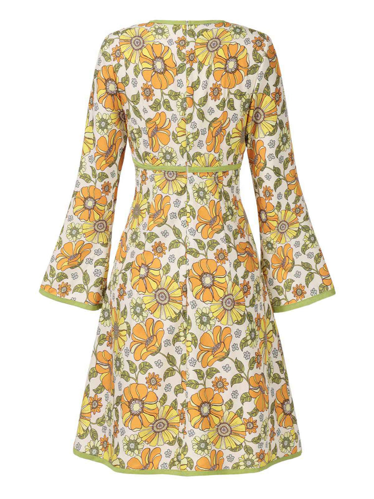 [Vorverkauf] Gelb 1970er Bogen Hippie Sonnenblume Kleid