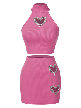 2PCS 1960er Solide Stricken Herze Hohl Top & Rock