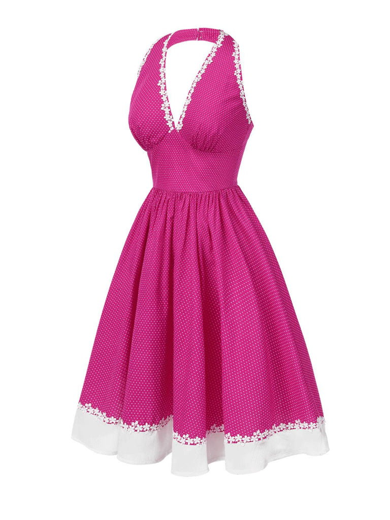 [Vorverkauf] Rosa 1950er Polka Dots Halter Baumwolle Kleid