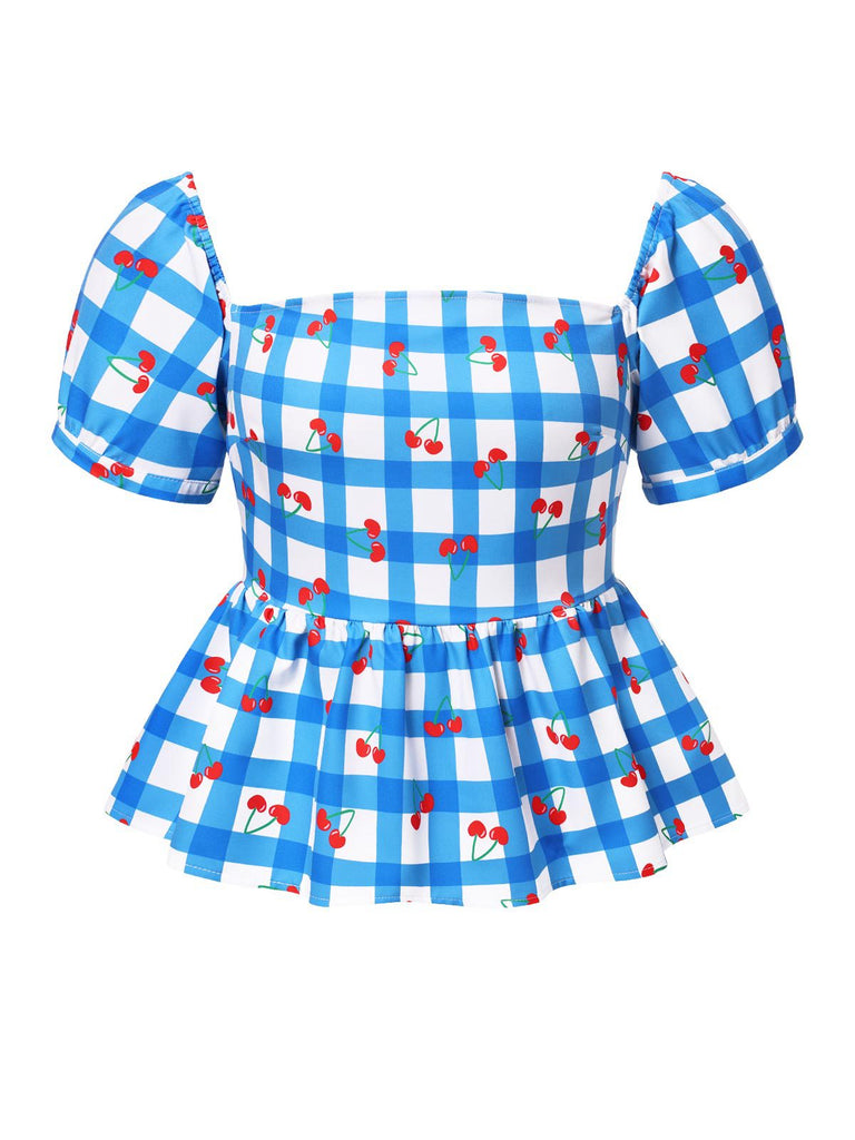 [Vorverkauf] [Übergröße] Blau 1950er Quadratischer Hals Kirsche Plaid Top