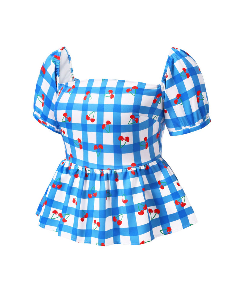 [Vorverkauf] [Übergröße] Blau 1950er Quadratischer Hals Kirsche Plaid Top