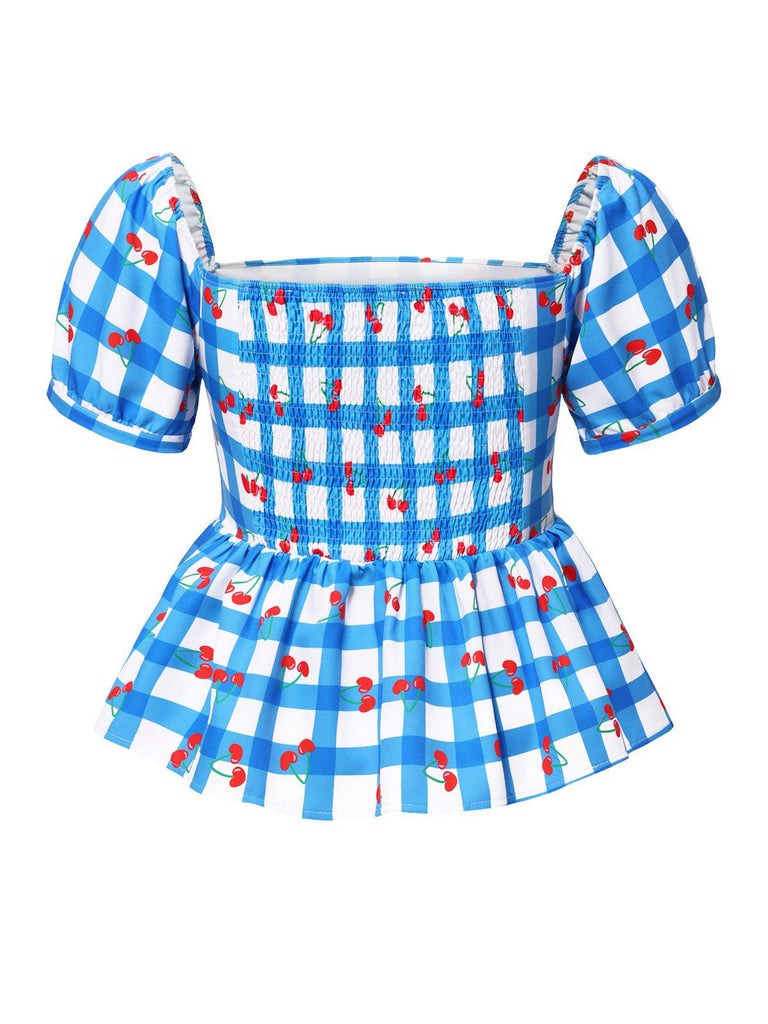 [Vorverkauf] [Übergröße] Blau 1950er Quadratischer Hals Kirsche Plaid Top