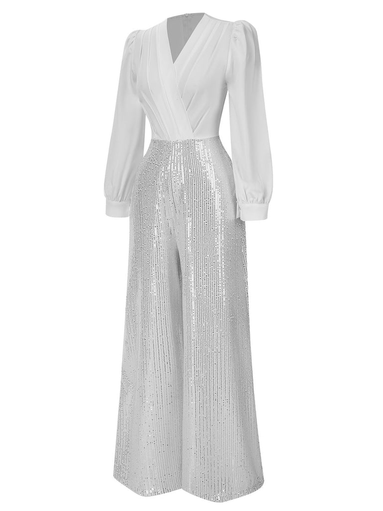 1930er V-Ausschnitt Puff Paillettens Weites-Bein Jumpsuit