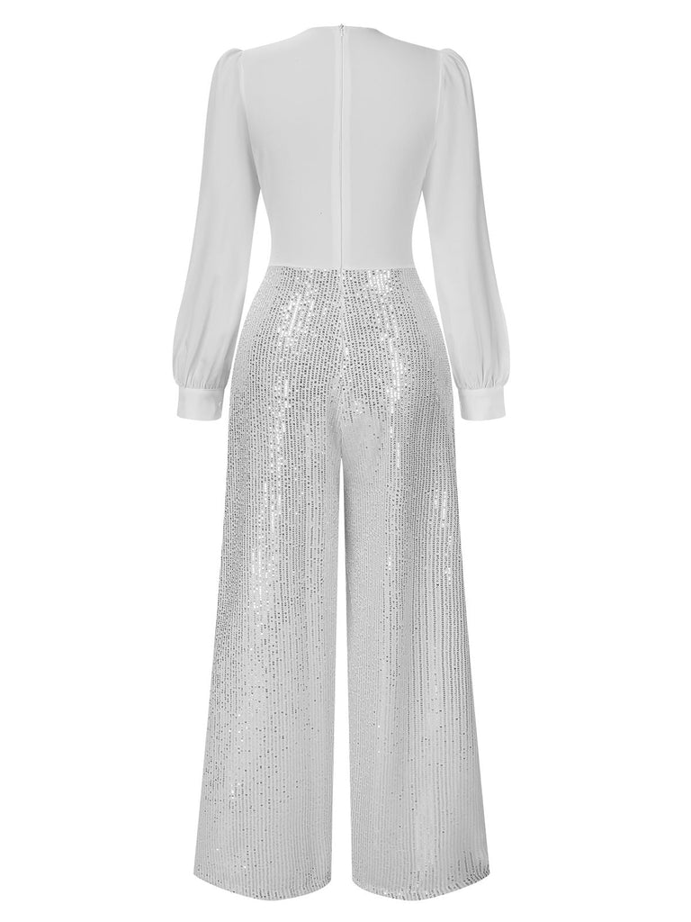 1930er V-Ausschnitt Puff Paillettens Weites-Bein Jumpsuit